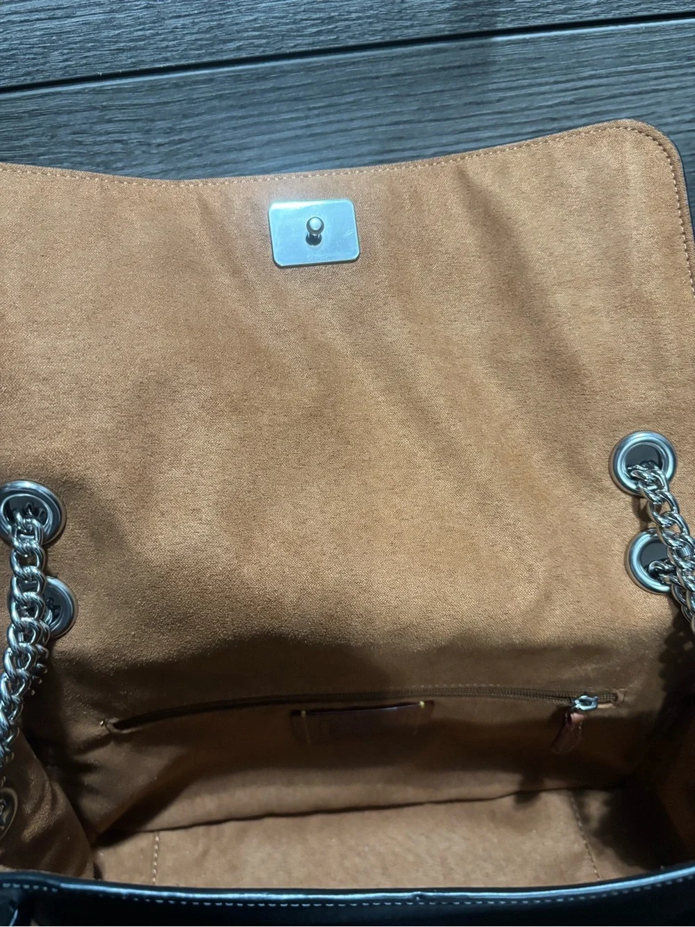 NWT Coach Black Leather Crossbody with Silver Chain Strap